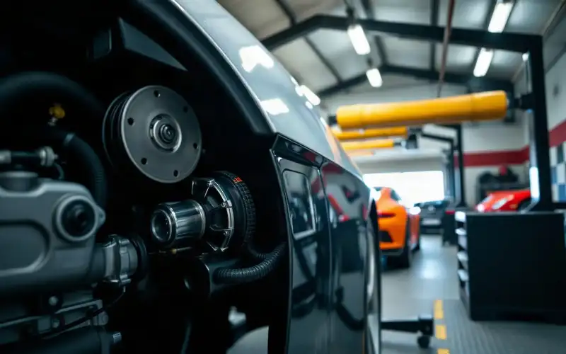 Porsche auf dem Prüfstand: Detailaufnahme von Motorkomponenten und Bremssattel in 8K-Qualität