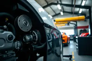 Porsche auf dem Prüfstand: Detailaufnahme von Motorkomponenten und Bremssattel in 8K-Qualität