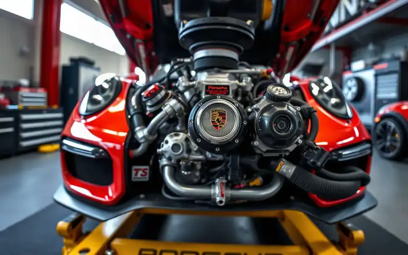 Porsche 3.8 Saugmotor auf dem Prüfstand – Detailaufnahme der Motorkomponenten in 8K-Qualität