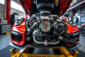 Porsche 3.8 Saugmotor auf dem Prüfstand – Detailaufnahme der Motorkomponenten in 8K-Qualität