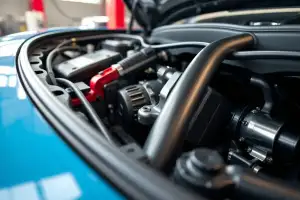 Nahaufnahme von Spurplatten an einem Porsche auf dem Prüfstand, detaillierte Motorkomponenten im Fokus