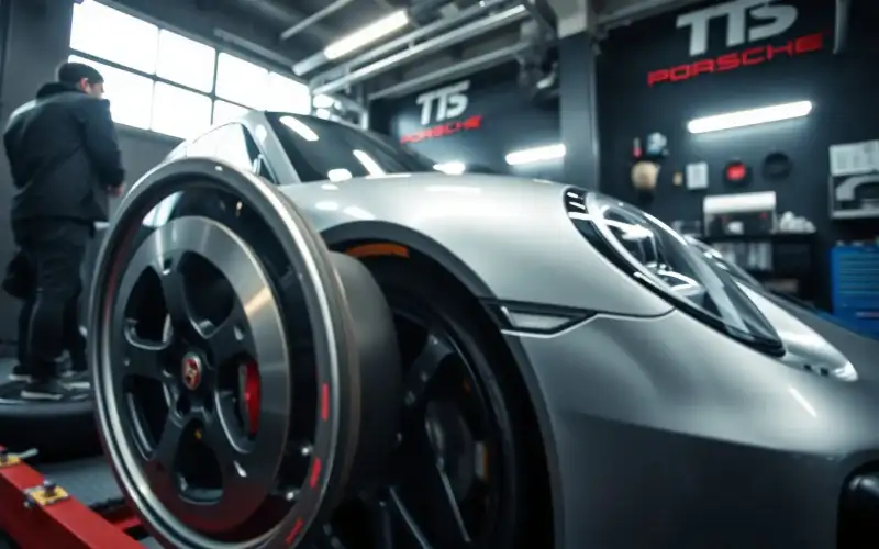 Porsche Sportauspuff Nahaufnahme auf dem Prüfstand – Motorkomponenten in 8K-Detailaufnahme