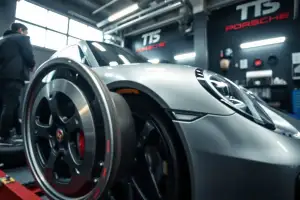 Porsche Sportauspuff Nahaufnahme auf dem Prüfstand – Motorkomponenten in 8K-Detailaufnahme