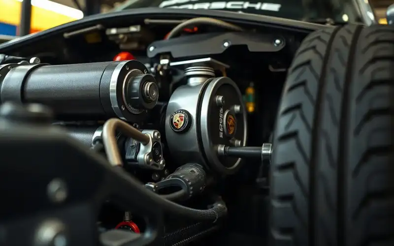 Porsche auf dem Prüfstandsrollen beim Chiptuning 2026, Nahaufnahme der Motorkomponenten in 8K-Detailqualität