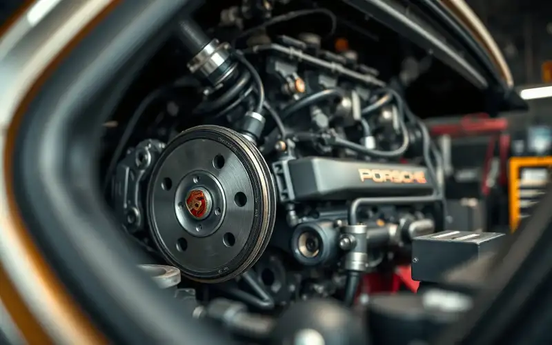 Porsche Kühlsystem im Detail: Motorkomponenten in Nahaufnahme auf dem Prüfstand unter natürlichem Licht