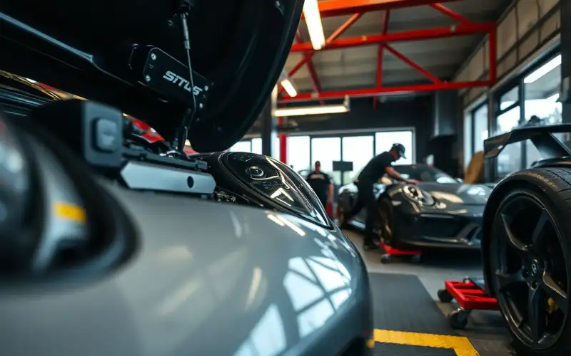 Detailaufnahme eines Porsche 911 Motors mit sichtbaren Tuning-Komponenten auf dem Dynamometer in 8K-Qualität