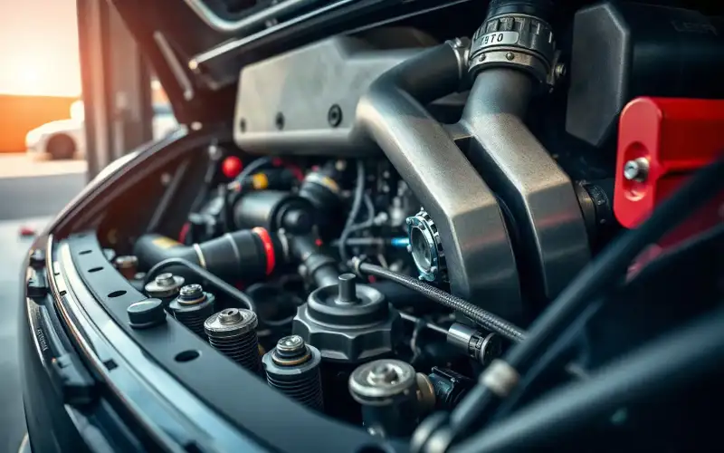 Detailaufnahme eines Porsche-Motors mit Turbolader-Komponenten im Vergleich zum Saugmotor, natürliches Licht, 8K