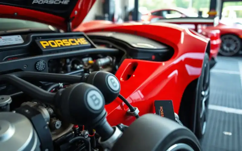 Porsche-Motor auf dem Prüfstand: Detailaufnahme von Bremssattel und Motorkomponenten in 8K-Qualität