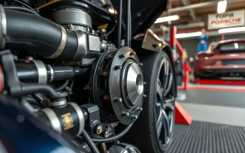 Porsche auf dem Prüfstand: Detailaufnahme von Motorkomponenten beim professionellen Chiptuning-Prozess
