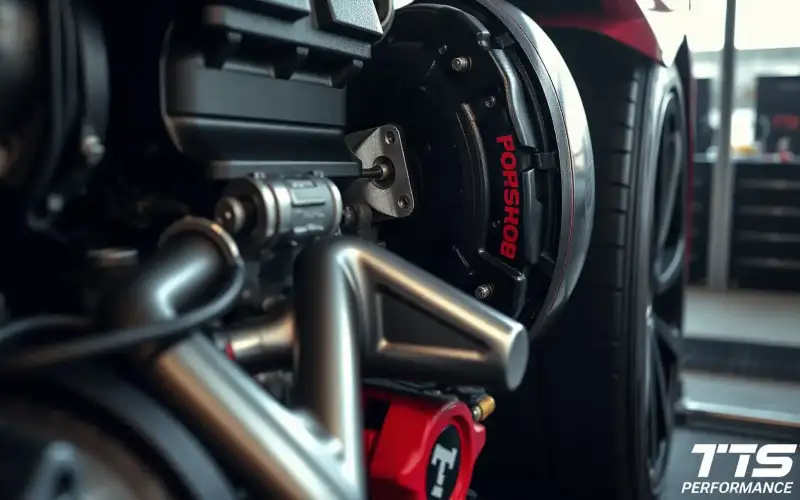 Detailaufnahme eines Porsche Boxermotors auf dem Prüfstand mit sichtbaren Motorkomponenten in natürlichem Licht