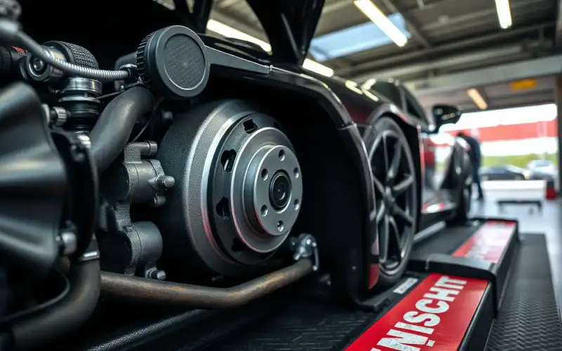 Nahaufnahme von Porsche-Motorkomponenten und Reifendimensionen in hyperrealistischer 8K-Detailaufnahme