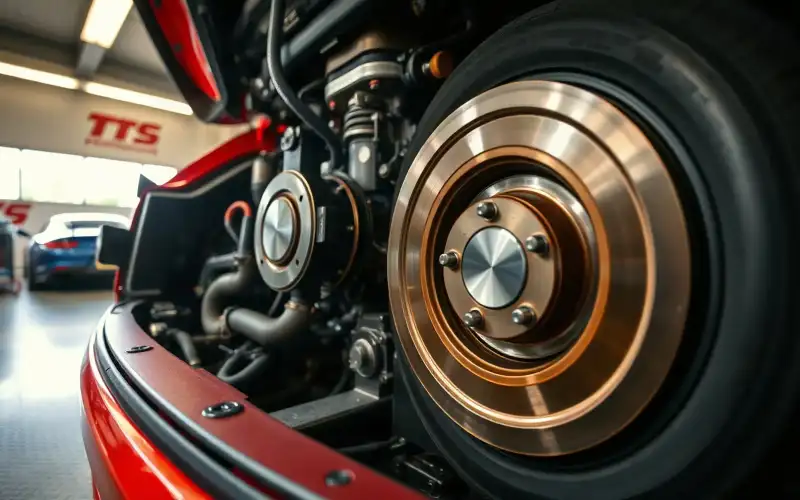 Porsche-Motor auf dem Prüfstand: Detailaufnahme von Bremskolben und Motorkomponenten in 8K-Qualität