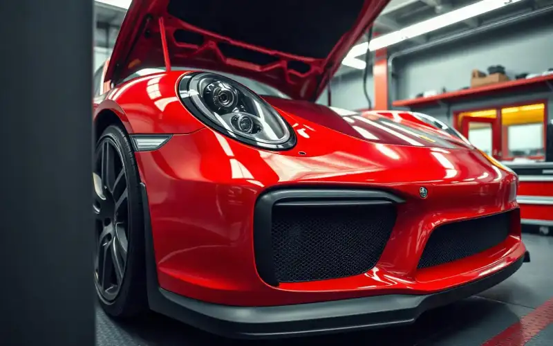 Porsche Motorkomponenten in Nahaufnahme auf dem Prüfstand, glänzend polierter Lack unter natürlichem Licht