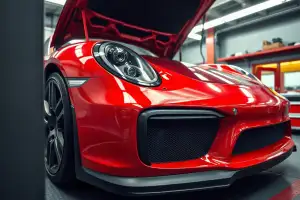 Porsche Motorkomponenten in Nahaufnahme auf dem Prüfstand, glänzend polierter Lack unter natürlichem Licht