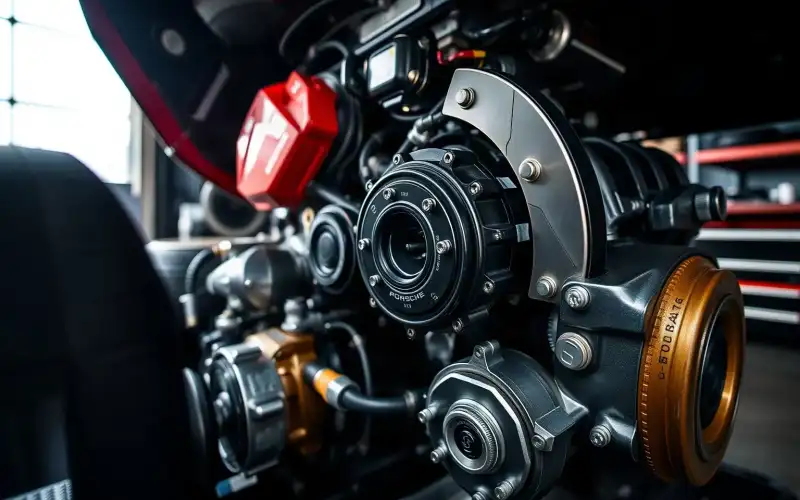 Porsche auf dem Prüfstand mit Gewindefahrwerk und Motordetails in hyperrealistischer 8K-Aufnahme