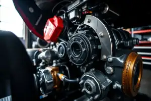 Porsche auf dem Prüfstand mit Gewindefahrwerk und Motordetails in hyperrealistischer 8K-Aufnahme