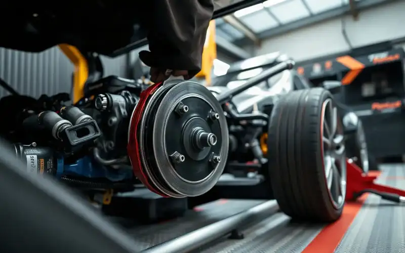 Nahaufnahme des Mittelschalldämpfers eines Porsche beim Ausbau, detaillierte Motorkomponenten in natürlichem Licht