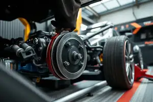 Nahaufnahme des Mittelschalldämpfers eines Porsche beim Ausbau, detaillierte Motorkomponenten in natürlichem Licht