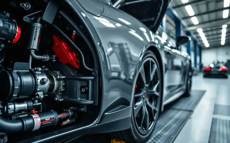 Detailaufnahme einer Porsche-Abgasanlage auf dem Prüfstand, mit präzisen Motorkomponenten in natürlichem Licht