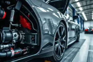 Detailaufnahme einer Porsche-Abgasanlage auf dem Prüfstand, mit präzisen Motorkomponenten in natürlichem Licht
