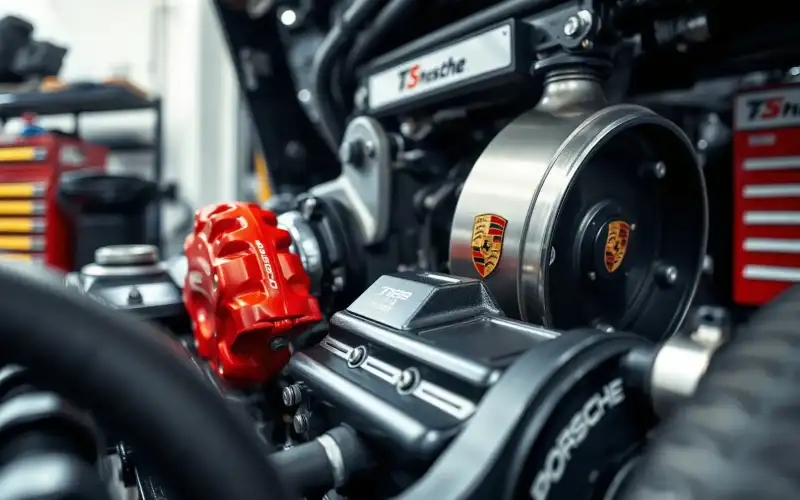 Porsche Bremssättel und Motorkomponenten in Nahaufnahme auf dem Prüfstand – präzise Technik im Detail