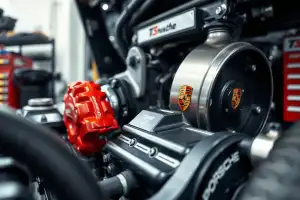 Porsche Bremssättel und Motorkomponenten in Nahaufnahme auf dem Prüfstand – präzise Technik im Detail
