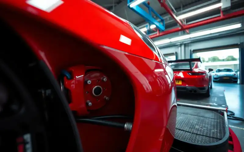 Porsche auf dem Prüfstand: Detailaufnahme von Motorkomponenten und Bremsanlage unter professionellen Testbedingungen
