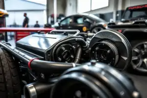 Glänzende Motorkomponenten eines Porsche im direkten Vergleich zwischen Wachsversiegelung und Keramikbeschichtung